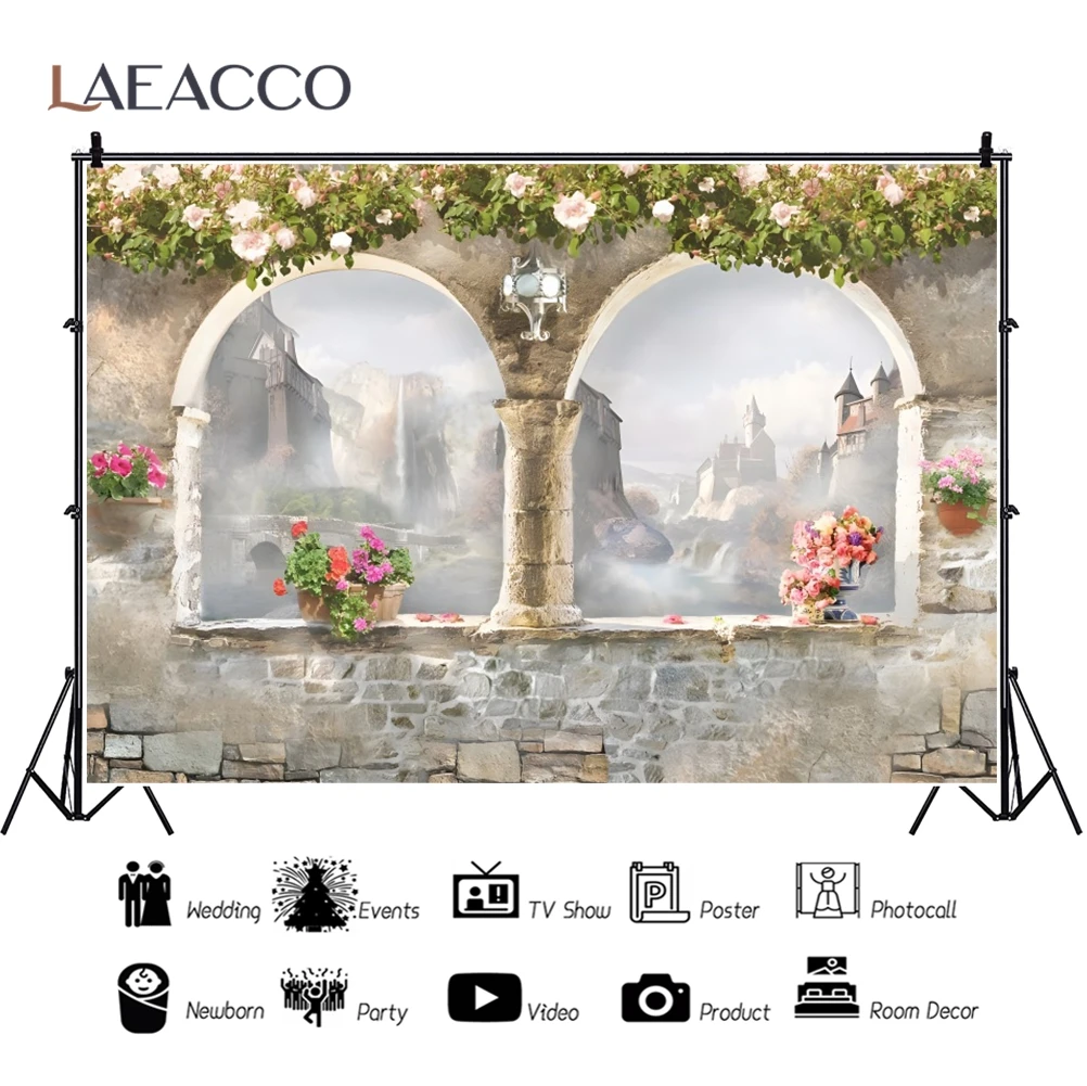 الربيع الزهور حديقة الخلفية ، قوس حجر الزفاف ، نافذة القلاع ديكور ، خلفية التصوير الفوتوغرافي ، الاطفال صورة التصوير الفوتوغرافي راية