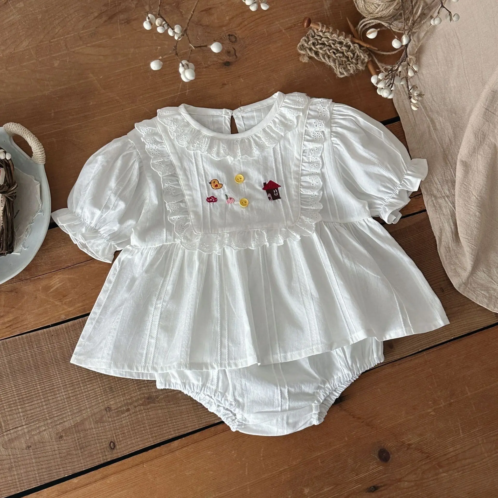 

Комплекты детской одежды 2026 Лето 9М-3Т для девочек: хлопковые вышитые рубашки + шорты, 2 предмета, костюм для малышей, детская одежда, наряды