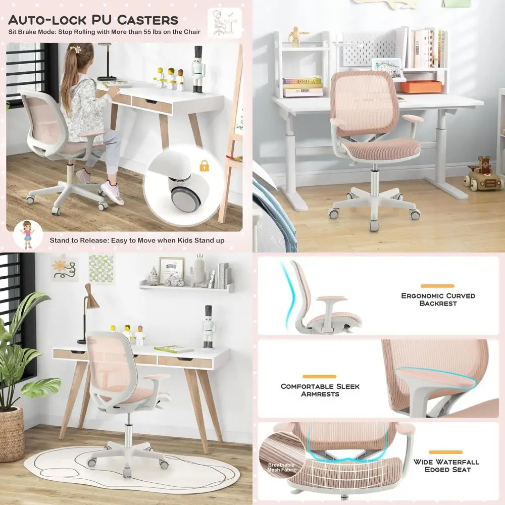 

Ergonomic Swivel Kids Desk Chair with Lockable Wheels and Waterfall Seat for Boys and Girls (Pink)