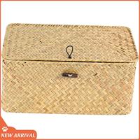 Emption!Handmade Straw Woven Storage Basket With Lid Makeup Organizer Storage Box Seagrass Laundry Baskets Rattan Jewelry Box