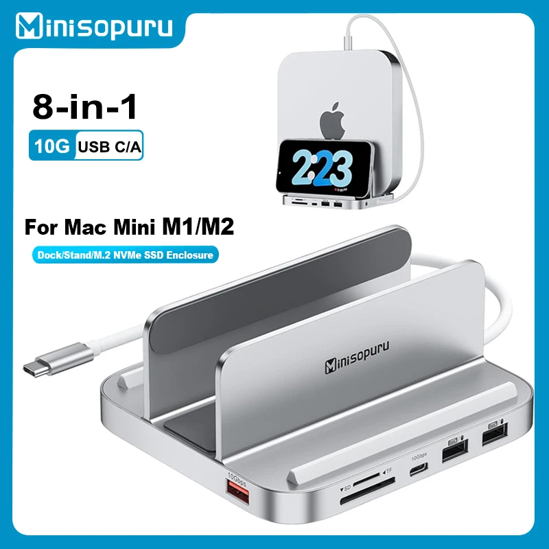 Minisopuru Mac Mini ドック スタンド M.2 NVMe SSD エンクロージャ付き 8 in 1 ハブ サポート 10Gbps USB C/A TF SD ポート Mac Mini アクセサリ