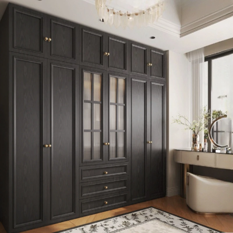 

Z Organizer Double Wardrobe French Retro Storage Cabinet Glass Door Designer Wardrobe Black House Wooden Bedroom FurnitureZ