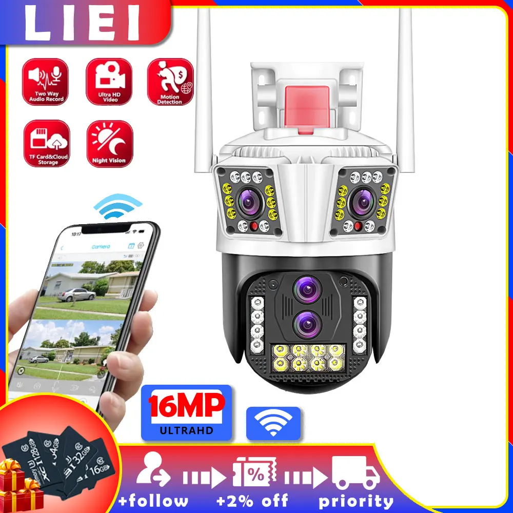 

LIEI 16MP WIFI Surveillance Camera Outdoor Auto Tracking PTZ 8K 4 Lens Three Screen Smart Home 360 Wireless Security CCTV Camera