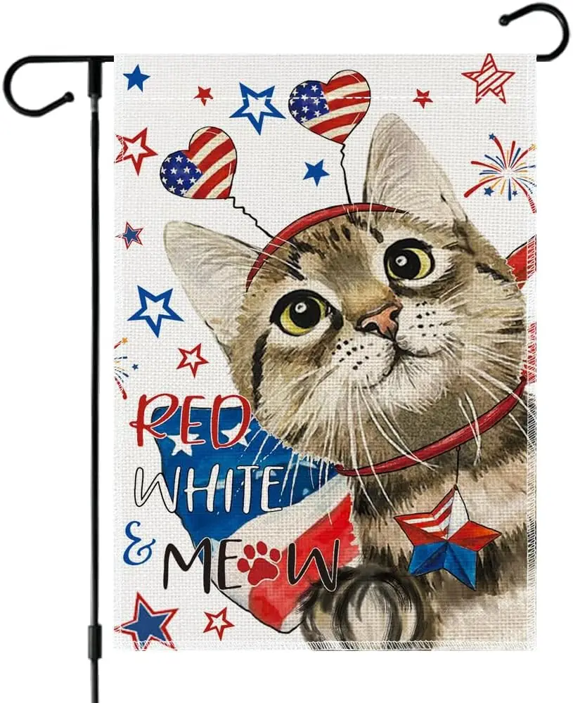 4th of July Patriotic Cute Cat Garden Flag 12x18 Inch Double Sided USA Flag Hearts Blue Red Memorial Day Independence Day Outsid