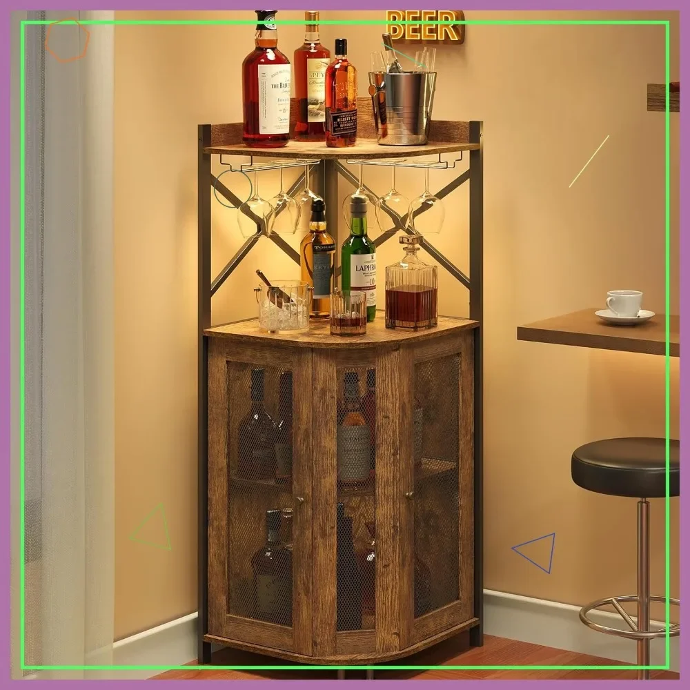 

Угловой барный шкаф со светодиодной подсветкой, 4-уровневым хранилищем для вина, в индустриальном стиле фермерского дома, цвет рустик-коричневый