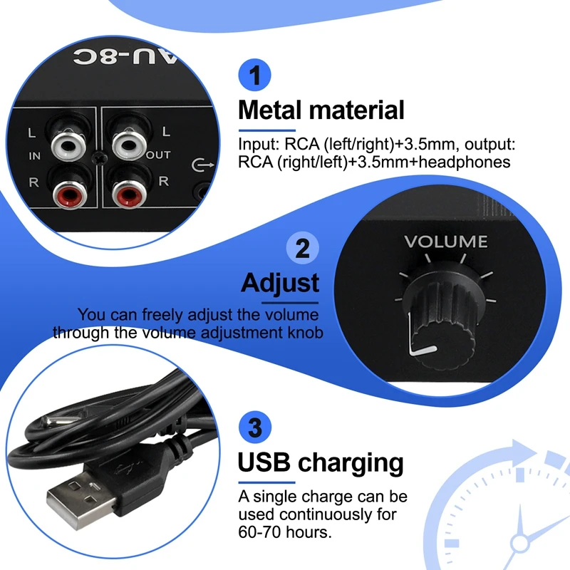 AU-8C Rechargeable NE5532 Stereo Audio Preamplifier Amp Headphone Amplifier Board RCA 3.5MM Volume Control