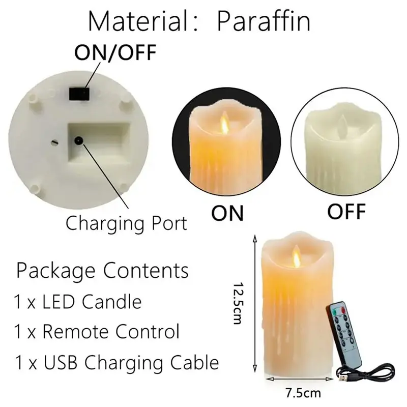 شموع LED 5X طراز ساخن لعام 2025، شموع عديمة اللهب وامضة، شمعة قابلة لإعادة الشحن، شموع شمع حقيقية مع جهاز تحكم عن بعد، 12.5 سم