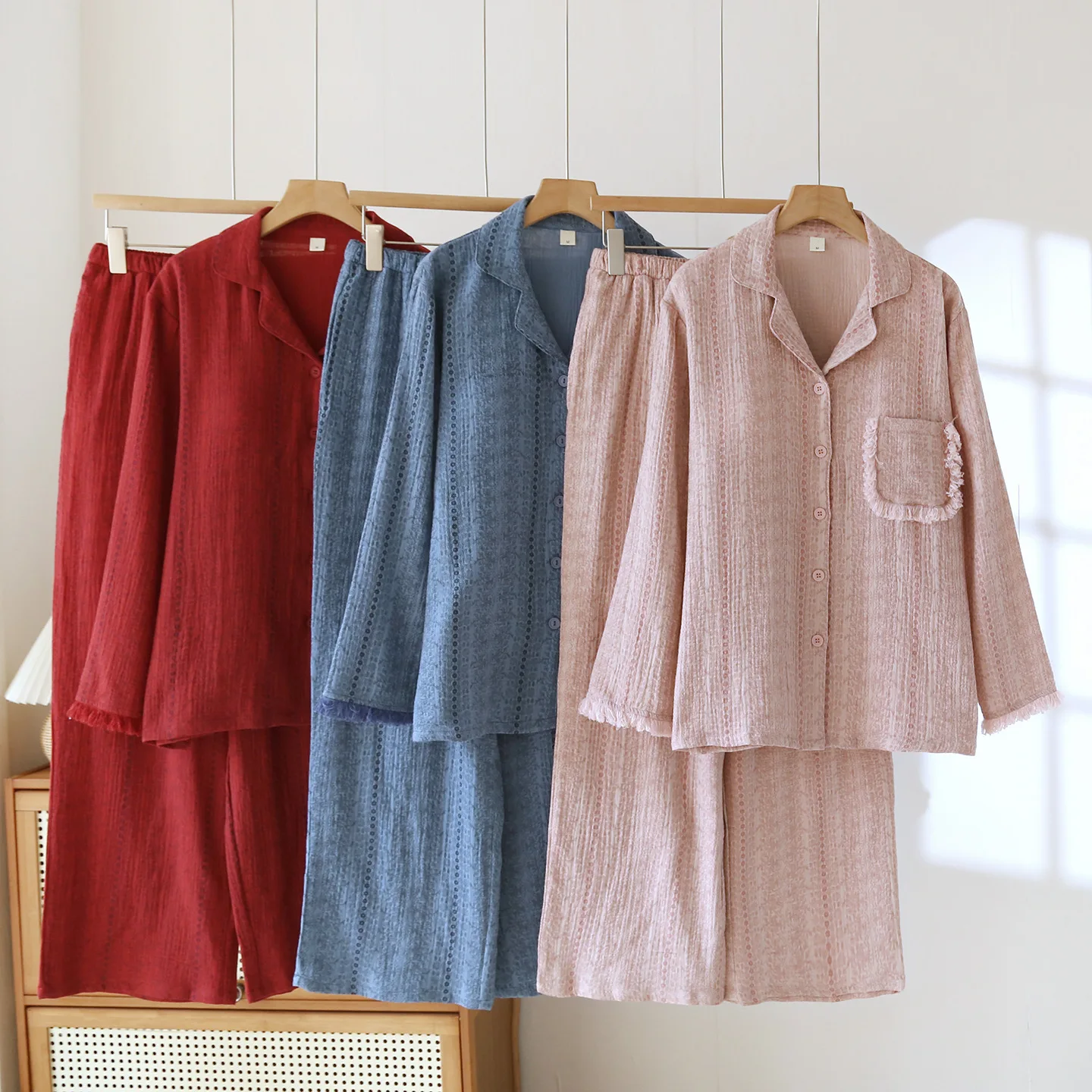 Japanese Gentle Pink Texture Sleepwear Women's Tassel Lapel Cardigan Long Sleeved Long Pants Loose Home Clothes Two‑Piece Set