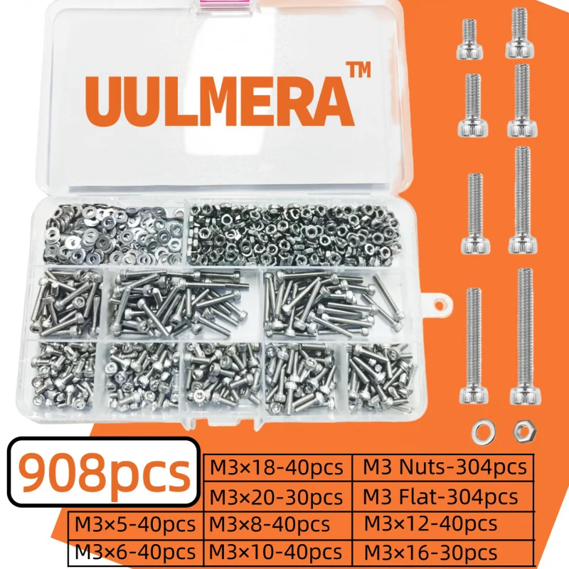 

UULMERA 908pcs M3 304 stainless steel round head hex socket screws, bolts, and nuts set, knurled, Phillips/hex drive
