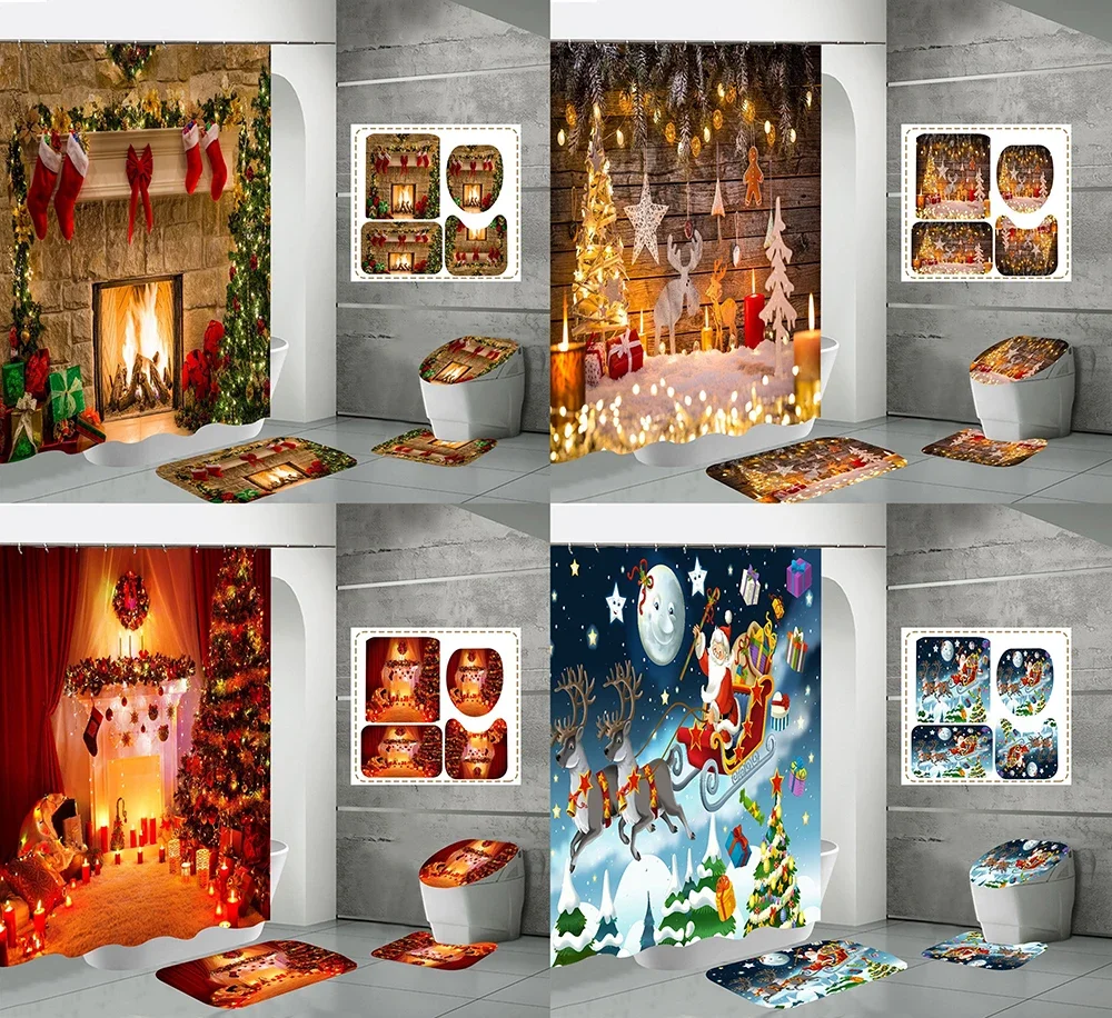 Christmas Fireplace Shower Curtain Set Non-Slip Rug Toilet Lid Cover Bath Mat Red Xmas Tree Sock Santa Snowman Bathroom Curtains