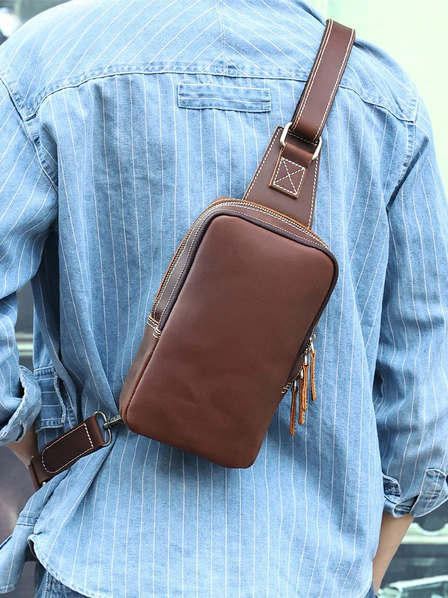 Vintage Luxury Men\'s Sling Chest Bag Genuine Leather Male Shoulder Bags Multifunction Boys Fanny Pack Outdoor Sport Daypack크로스백