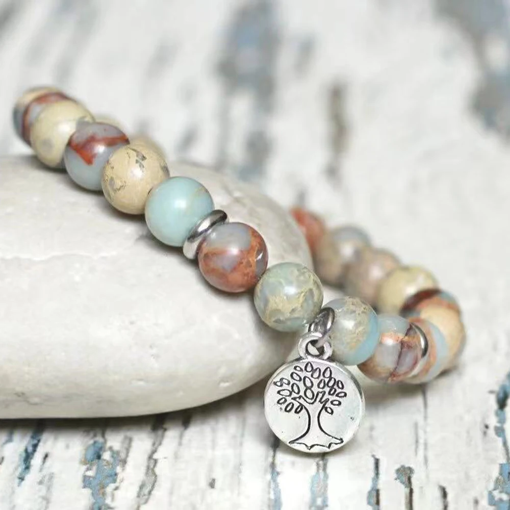 MG2119 New Design 8 MM Aqua Terra Jasper Gemstone Bracelet Fashion Womens Tree Of Life Stress Relief Wrist Yoga Mala