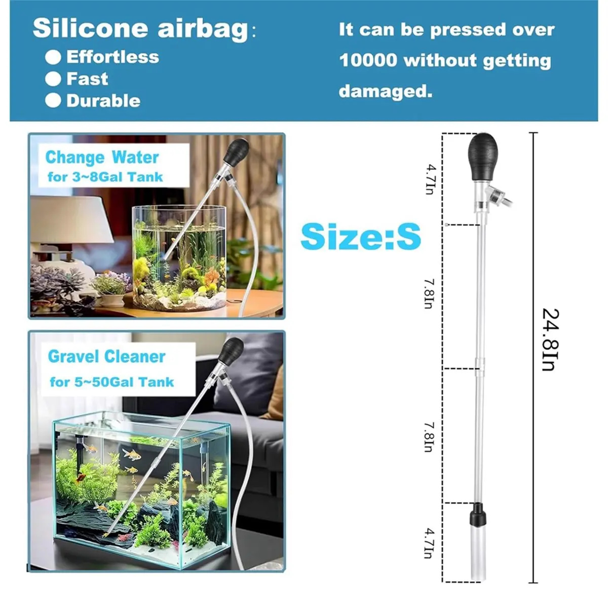 Light Weight Fish Aquarium Small Gravel Cleaner Fish Tank Water Changer Sand Vacuum Adjustable Length(for 3-8Gal Tank)