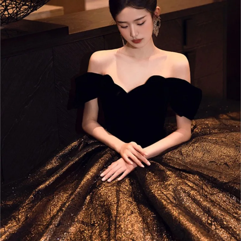 

off-Shoulder Elegant Light Luxury Art Exam Banquet Host Performance Dress