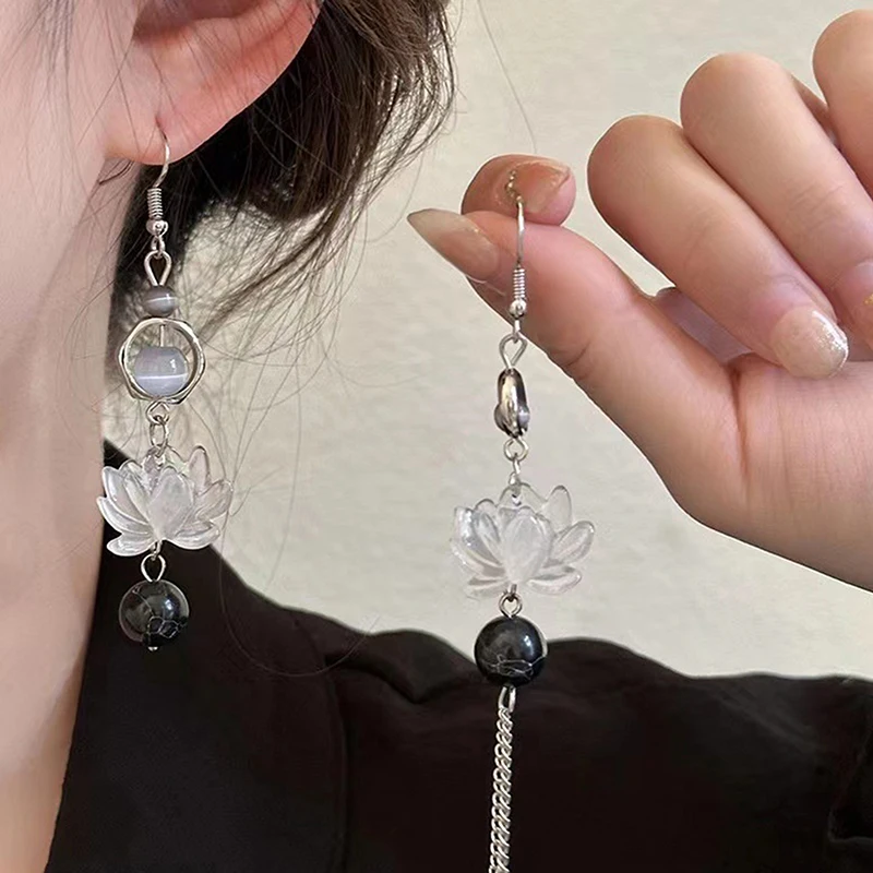 1Pair Unique Exquisite Lotus Earrings Elegant Pink Flower Asymmetric Drop Stud Earrings For Women VintageJewelry Accessories