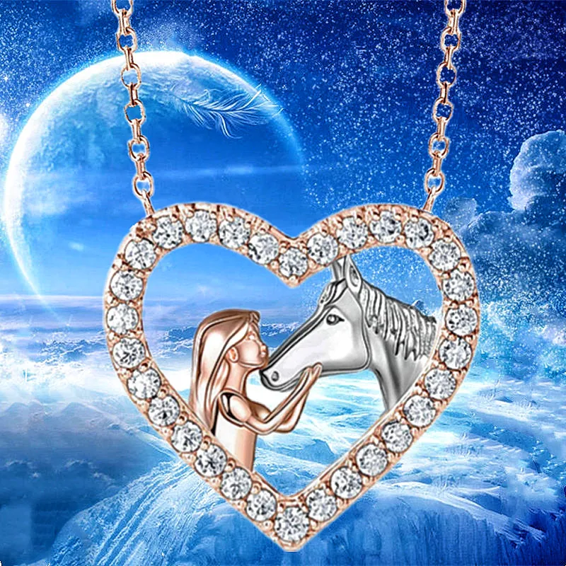 Fashion Women and Horse Necklace Heart Zircon Pendant Engagement Necklaces for Women Animal Jewelry Birthday Anniversary Gift