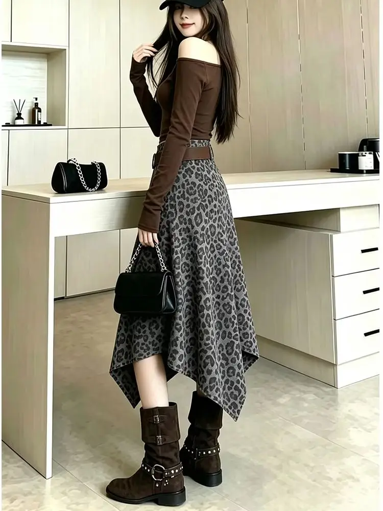 Vintage Leopard Print Suede A-Line Skirt with Belt High Waist Asymmetric Midi Skirt for Autumn Winter, Slimming Silhouette
