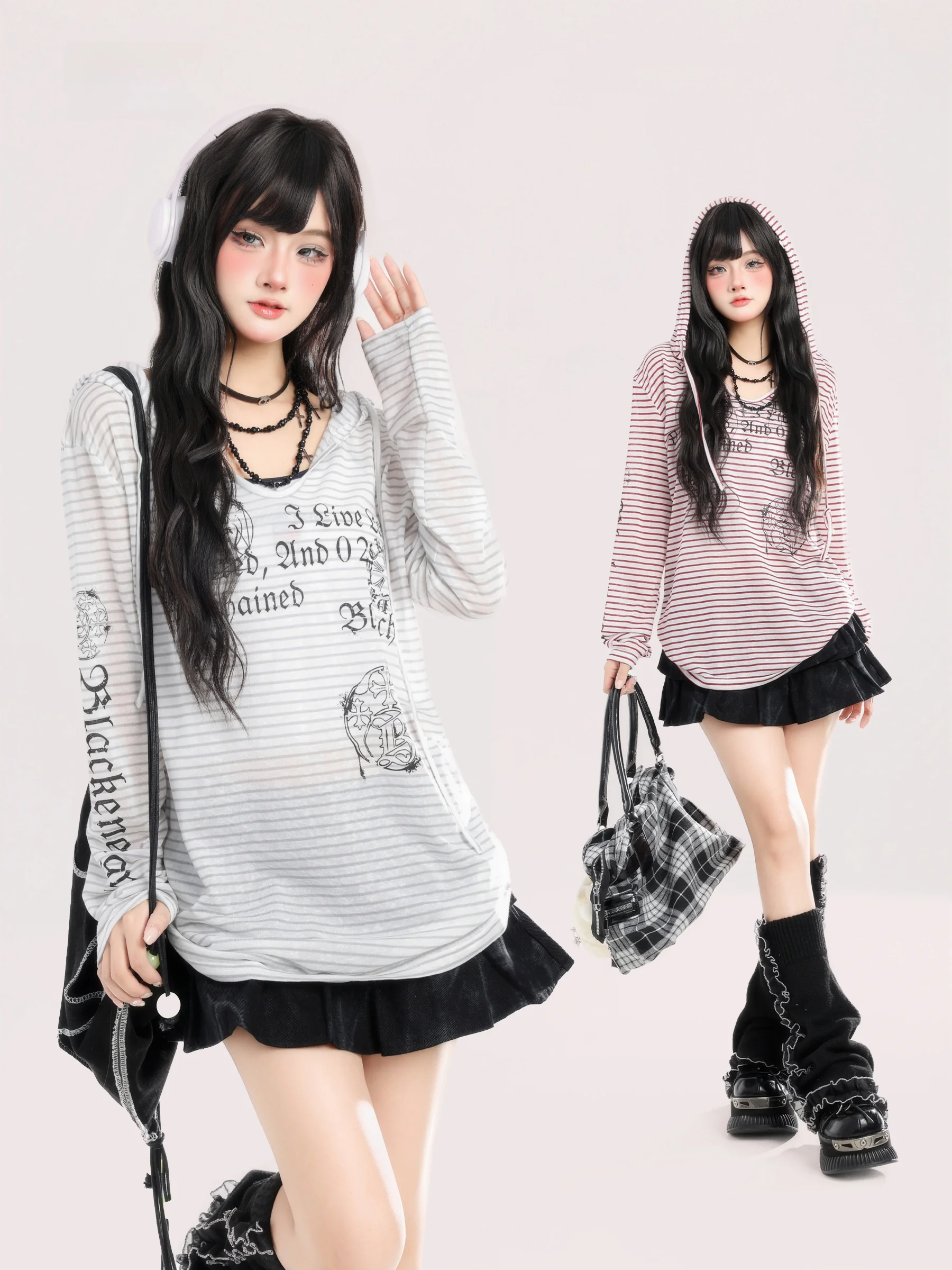 

Женская повседневная футболка HM Spring Loose Thin Long Sleeve с принтом в полоску, с капюшоном, солнцезащитная, с надписью Sweet And Spicy Letter P