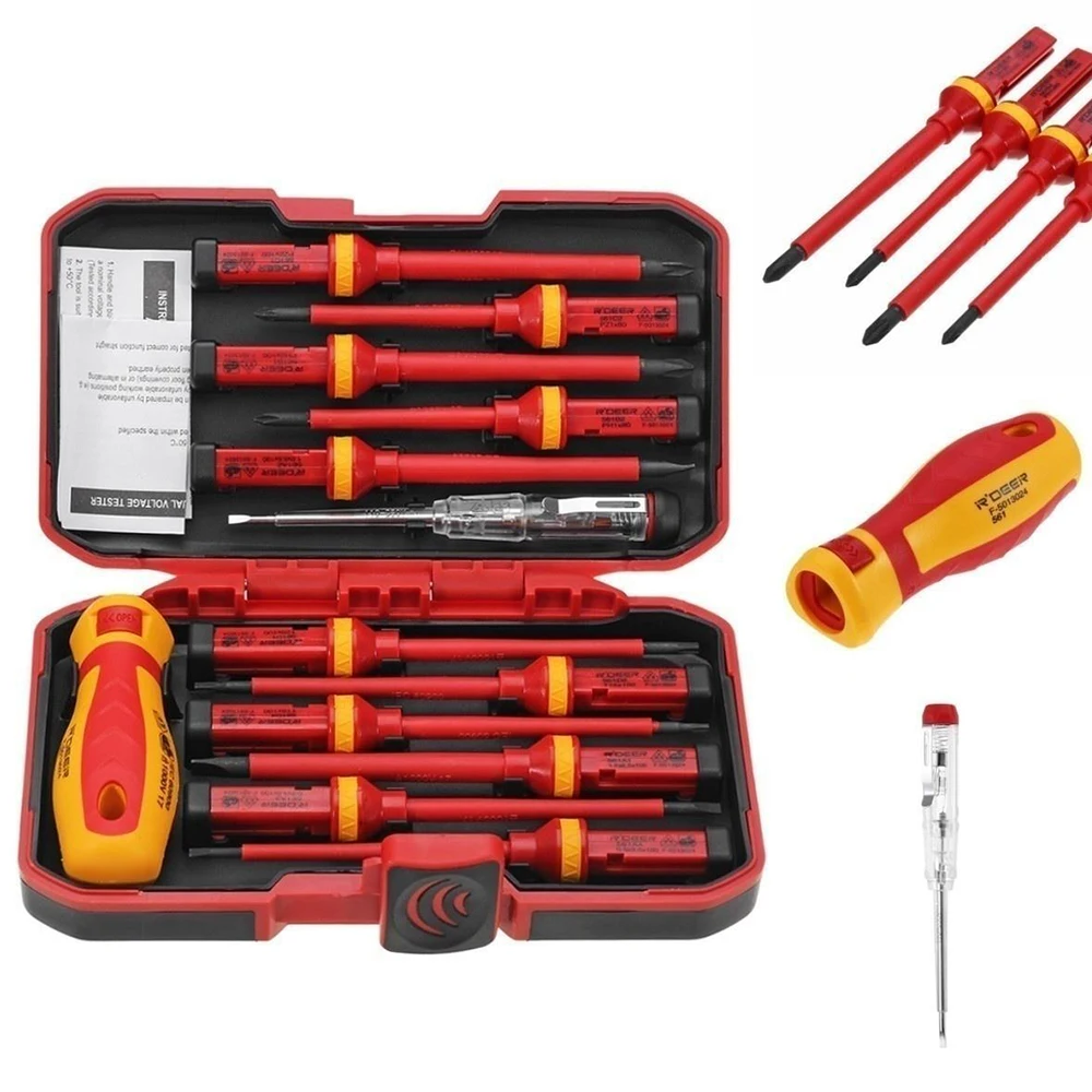 13 Sets VDE Insulated Screws Set Chrome Vanadium Steel Electrical Screws Set Plastic Handle Screwdriver Electric Pen