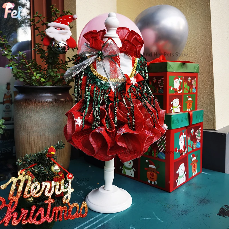 

Luxury Plush Christmas Pet Dog Dress Princess Costume with Fashion Bowknot Elk Detail for Small Dogs Puppy Outfits Apparel
