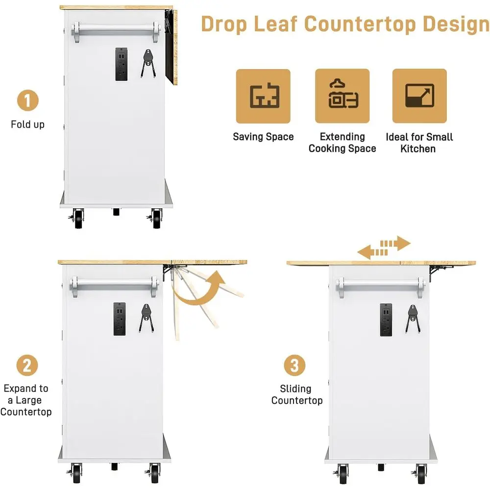 جزيرة مطبخ متنقلة مقاس 59.1 بوصة مع أوراق شجر متدلية ومخرج طاقة وخزانة تخزين وأدراج ورف توابل وبار المناشف وخطاف جراج i #4