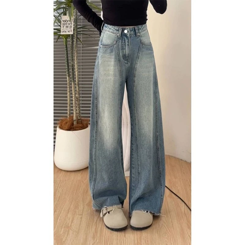 Women's Edge Design Straight Wide Leg Blue Jeans Personalized Trousers Cool Girl Casual Bottoms Female Street Denim Pants