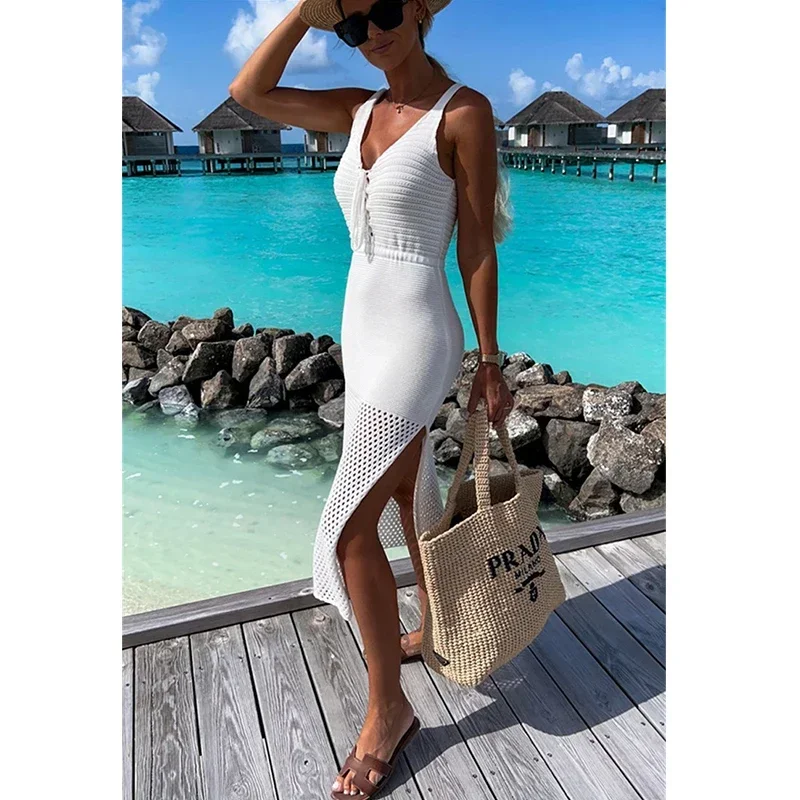2024 الأبيض الكروشيه تونك بيكيني الاخفاء الخامس الرقبة المرأة الصيف ملابس الشاطئ محبوك التستر مثير أكمام الجوف خارج فستان