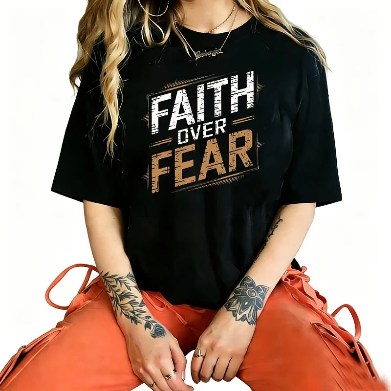 Faith over Fear Christian Inspirational Women's T-Shirt 100% Cotton Funny Graphic Short Sleeve Tee Novelty Shirt Casual Crew Neck Top S-5Xl
