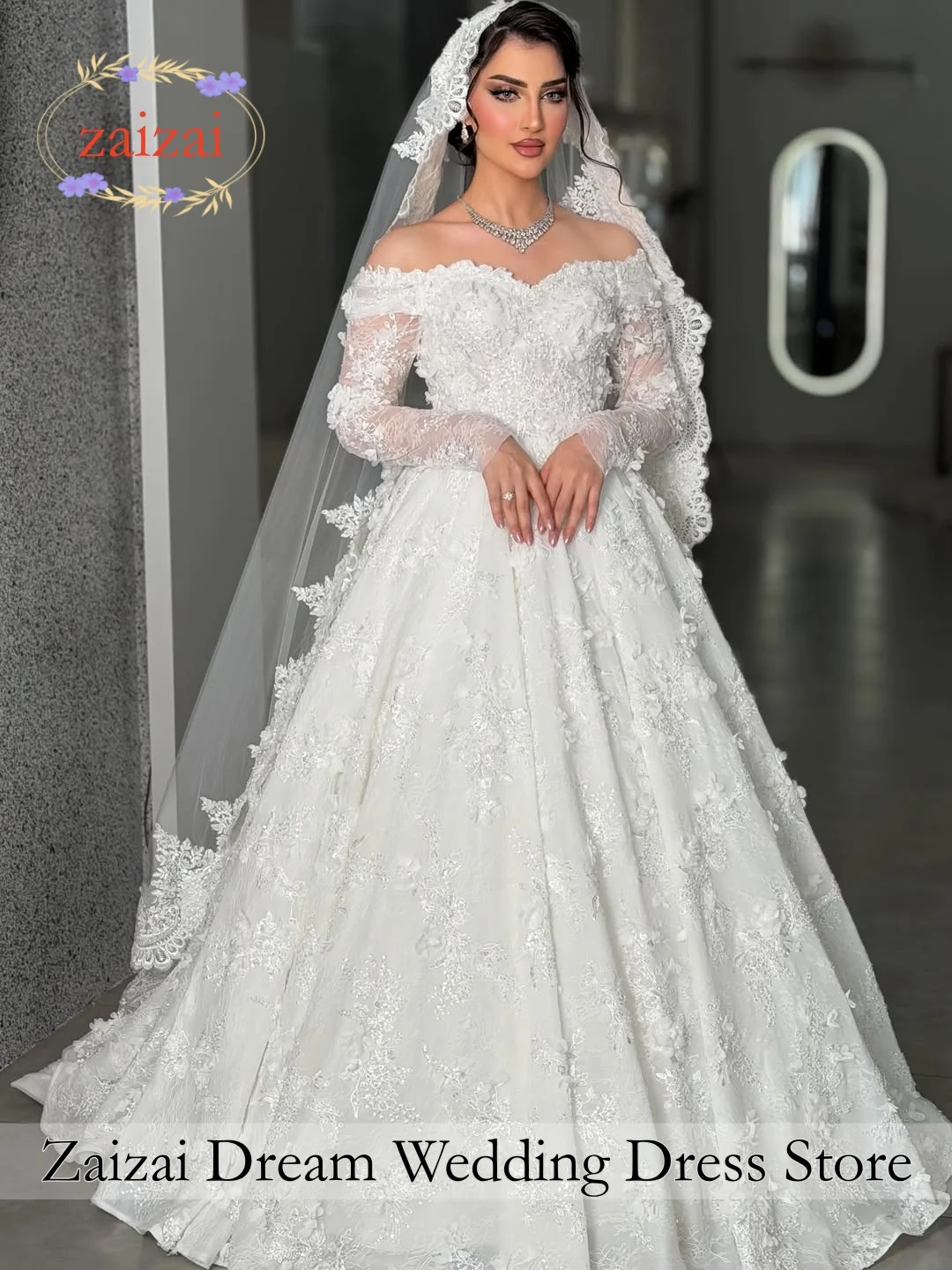 Customized Luxury Off Shoulder Sleeves Wedding Dresses 3D Flower Lace Celebrity Dress Exquisite High Quality Prom Party Gown