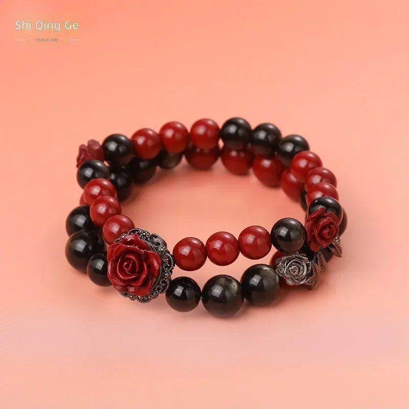 Natural Obsidian Crystal Bracelet Purple Gold Sand Rose Fashion Design Bracelet Dark Double Chain Single Ring Cross-border