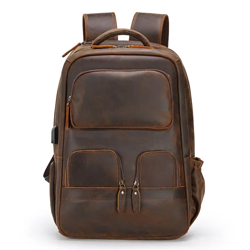 Male High Quality Leather Backpack For Men Large Capacity Travel Bag Men\'s Outdoor With USB Connect Crazy Horse Leather Backpack