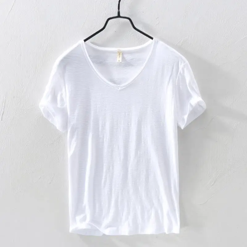 Men's Slim Fit Breathable Cotton T-Shirt Simple Style Short Sleeve Nine Points Henry Collar Trendy Youth Fashion Spring 2025