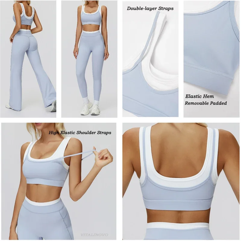 VITALINOVO Women 2 Piece Workout Sets Color Block Sports Bra Tank Tops Matching High Waist Wide Leg Pants Women Gym Outfit Sets