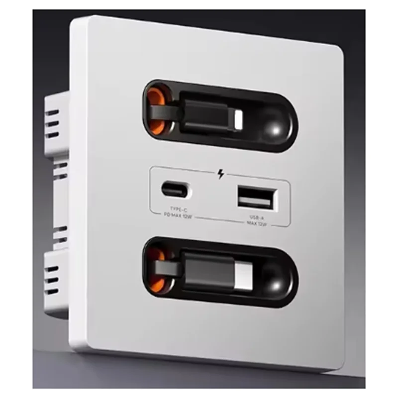 【اشتري الآن】مقبس لوحة حائط عالمي بقدرة 12 وات مع كابل شحن USB-A USB-C قابل للسحب، ومخرج من النوع C للهاتف المحمول والكمبيوتر اللوحي