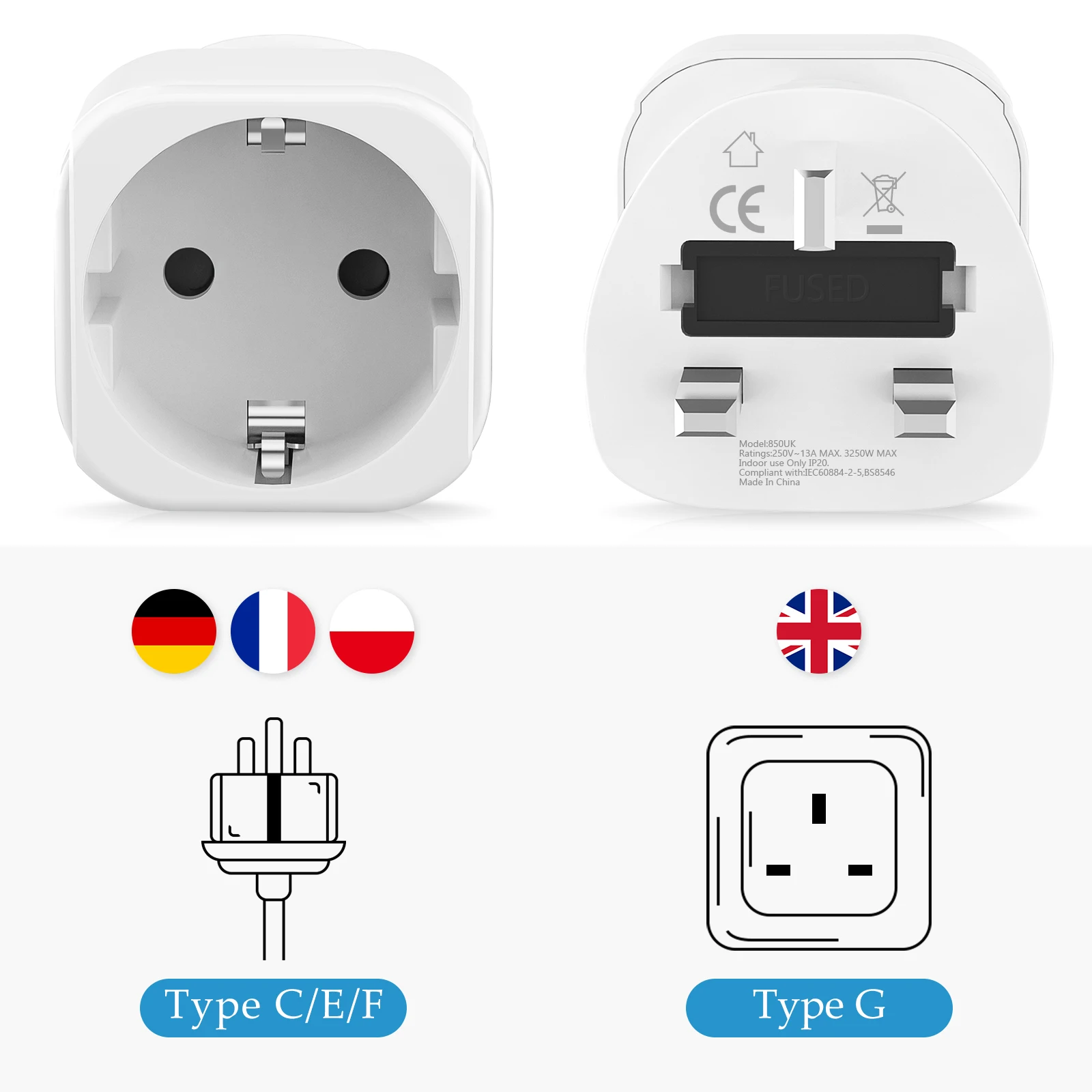 2er-Pack Europäischer Steckeradapter in die USA, Großbritannien, Indien, USA, Kanada, Mexiko, Irland, Reiseadapter, EU, 2-poliger Steckdosenadapter-Konverter