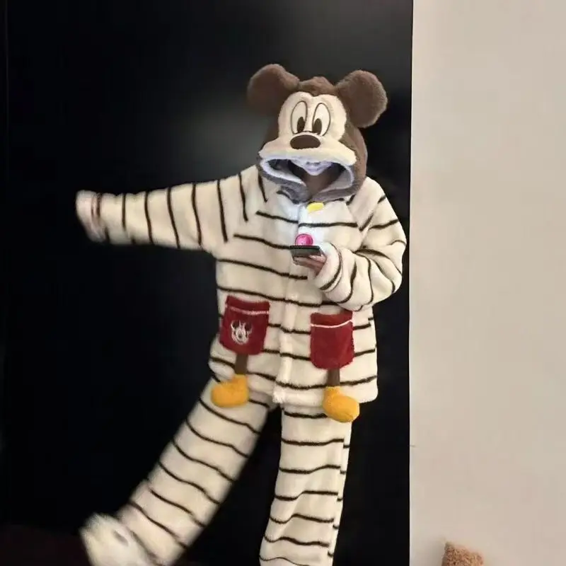 

Коралловые бархатные пижамы с милым рисунком Микки Диснея, женские осенне-зимние новые утолщенные плюшевые теплые комплекты домашней одежды