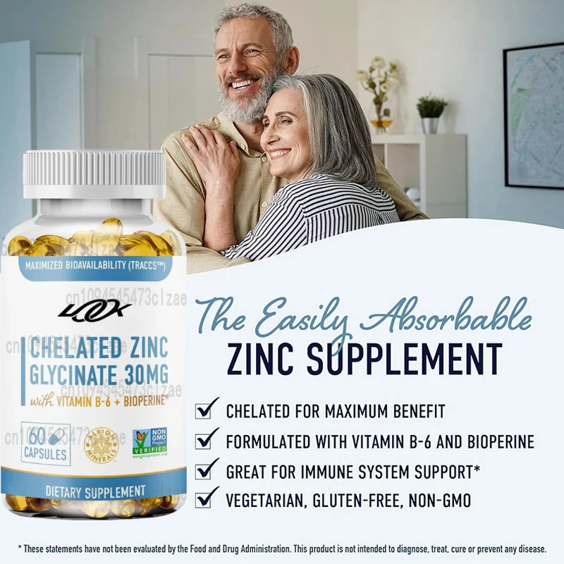 

Chelated Zinc Supplements | Zinc Glycinate | Zinc Glycinate, Vitamin B6, and BioPerine | Non GMO, Gluten Free -60 Capsules