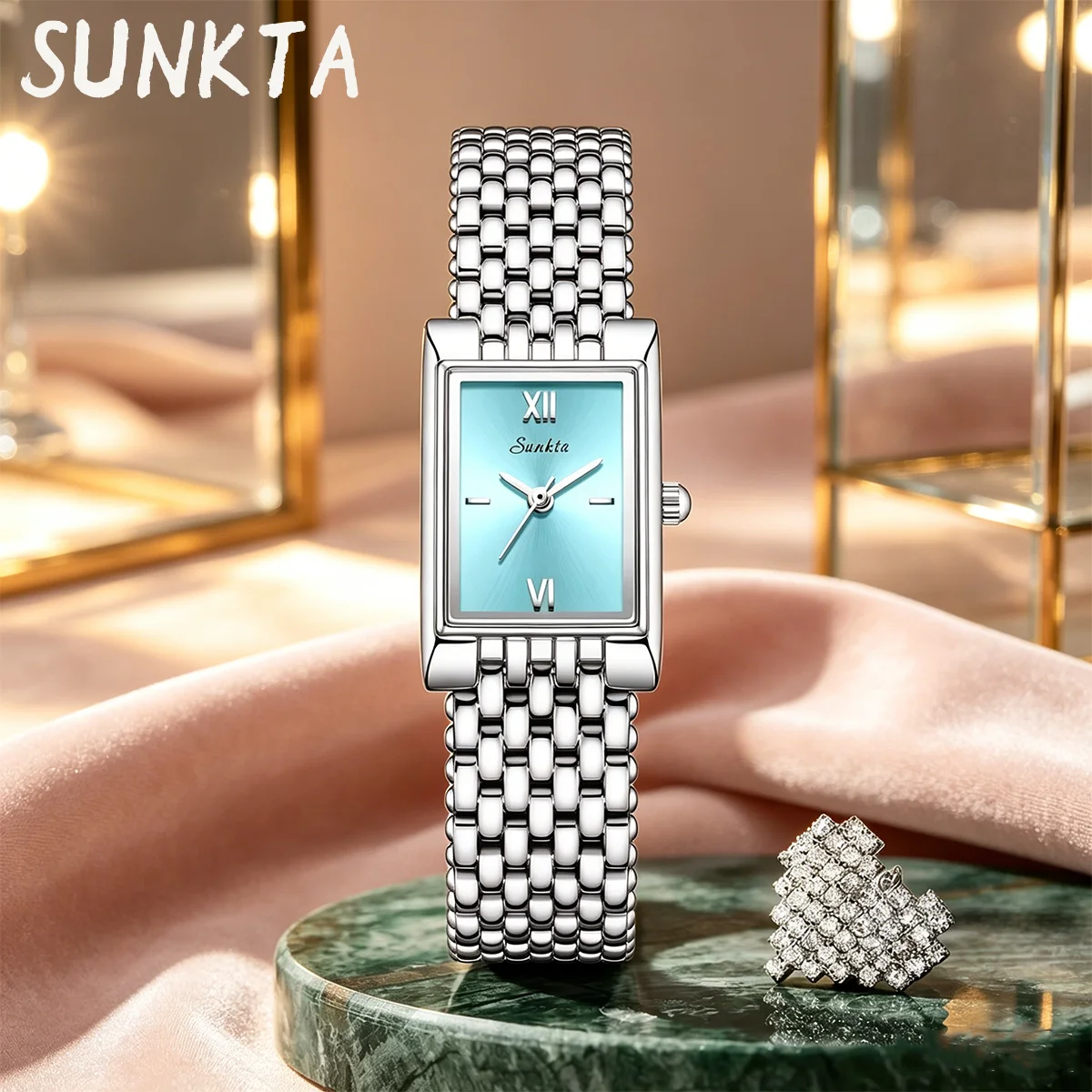 SUNKTA Blue Elegant Womens Watch Fashion Quartz Wristwatch Square Dial Waterproof Steel Luxury Watches Ladies Gift Reloj Mujer