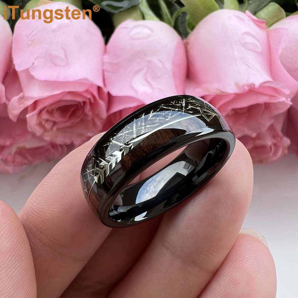 iTungsten 8mm Tungsten Ring Men Women Engagement Wedding Band Black Meteorite Koa Wood Arrow Inlay Comfort Fit