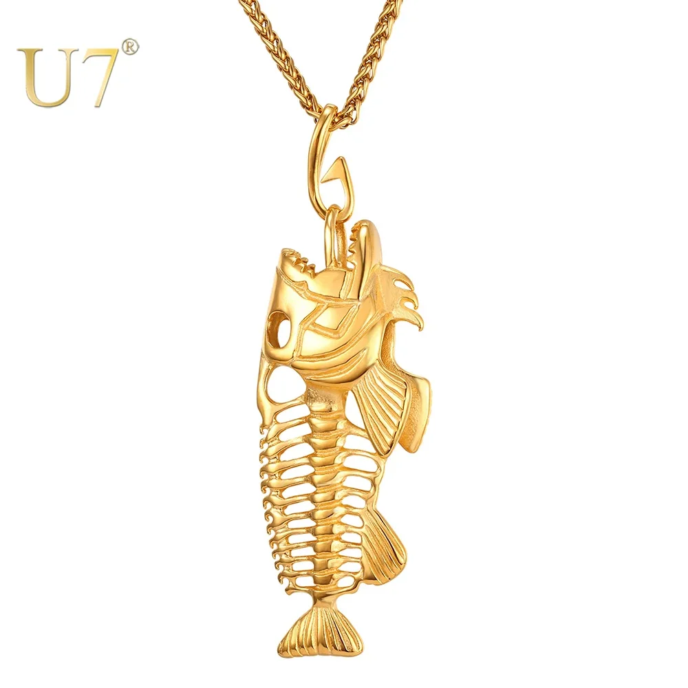 U7 Hip Hop Chain For Men Fish Bone Statement Pendant Necklaces Stainless Steel Fishing Hippie Kpop Jewelry P1039 QC24