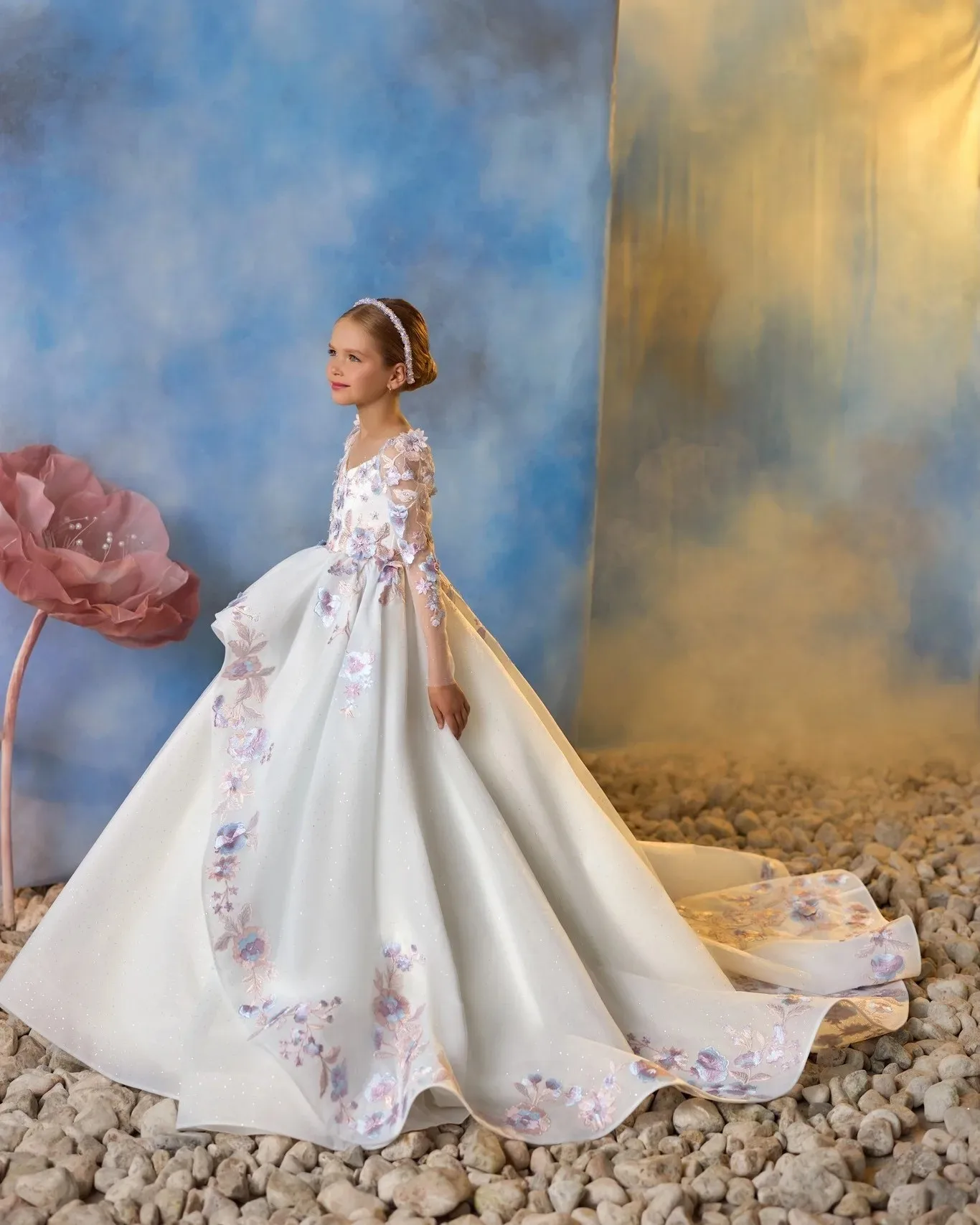Robes de demoiselle d'honneur pour mariage, avec des Appliques en dentelle, manches longues, robes de princesse pour séance photo, robes de première Communion personnalisées