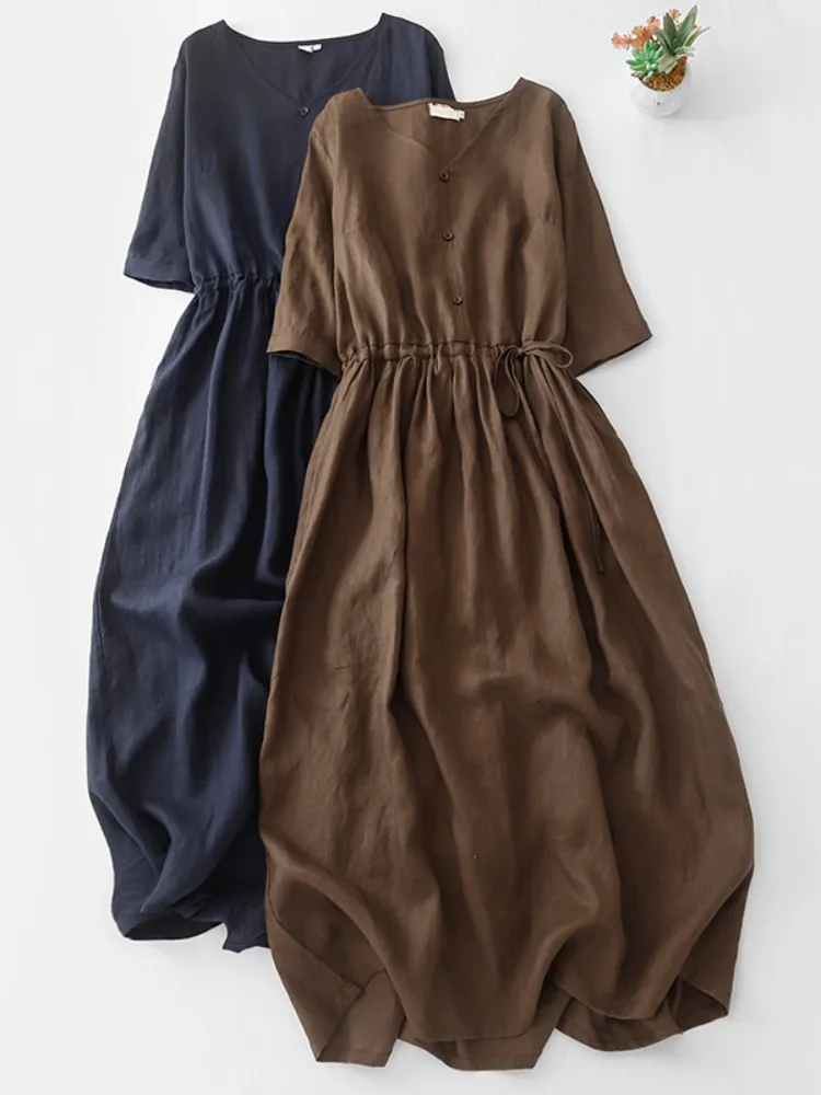 Retro Linen V-neck A-line Dress Women's Slimming Design Summer Gown with Belt Drawstring Midi Skirt Single Button Closure
