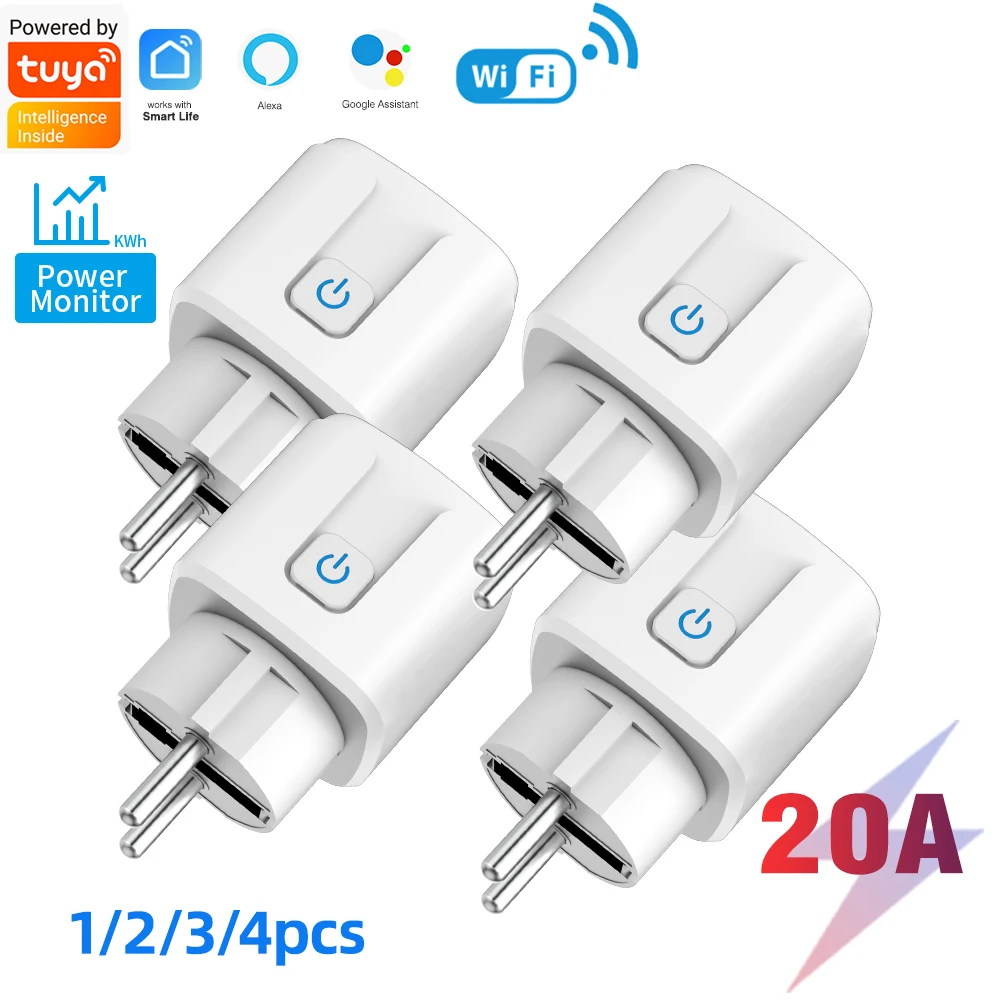 Tuya Smart Wifi EU Plug 20A Remote Control Smart Socket Outlet EU Power Monitor Timer Function Works with Alexa Google Assistant