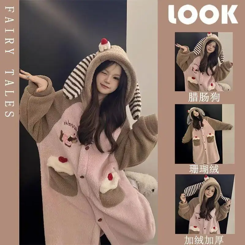 

Winter Kawaii Girl Robe Fleece-Lined Hooded Nightdress Wearable As Outerwear Cartoon Coral Fleece Pajamas Thicken Cute Homewear