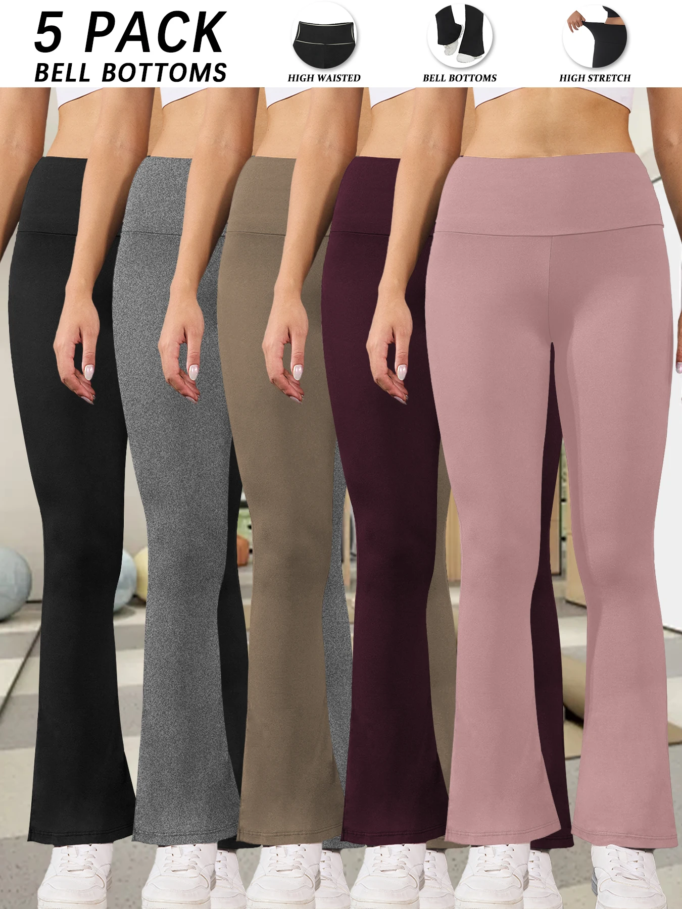 

5 Pack Women's Super Soft Flare Pants High Waisted Tummy Control Workout Yoga Push Up Gym Fitness Leggings Bell Bottoms