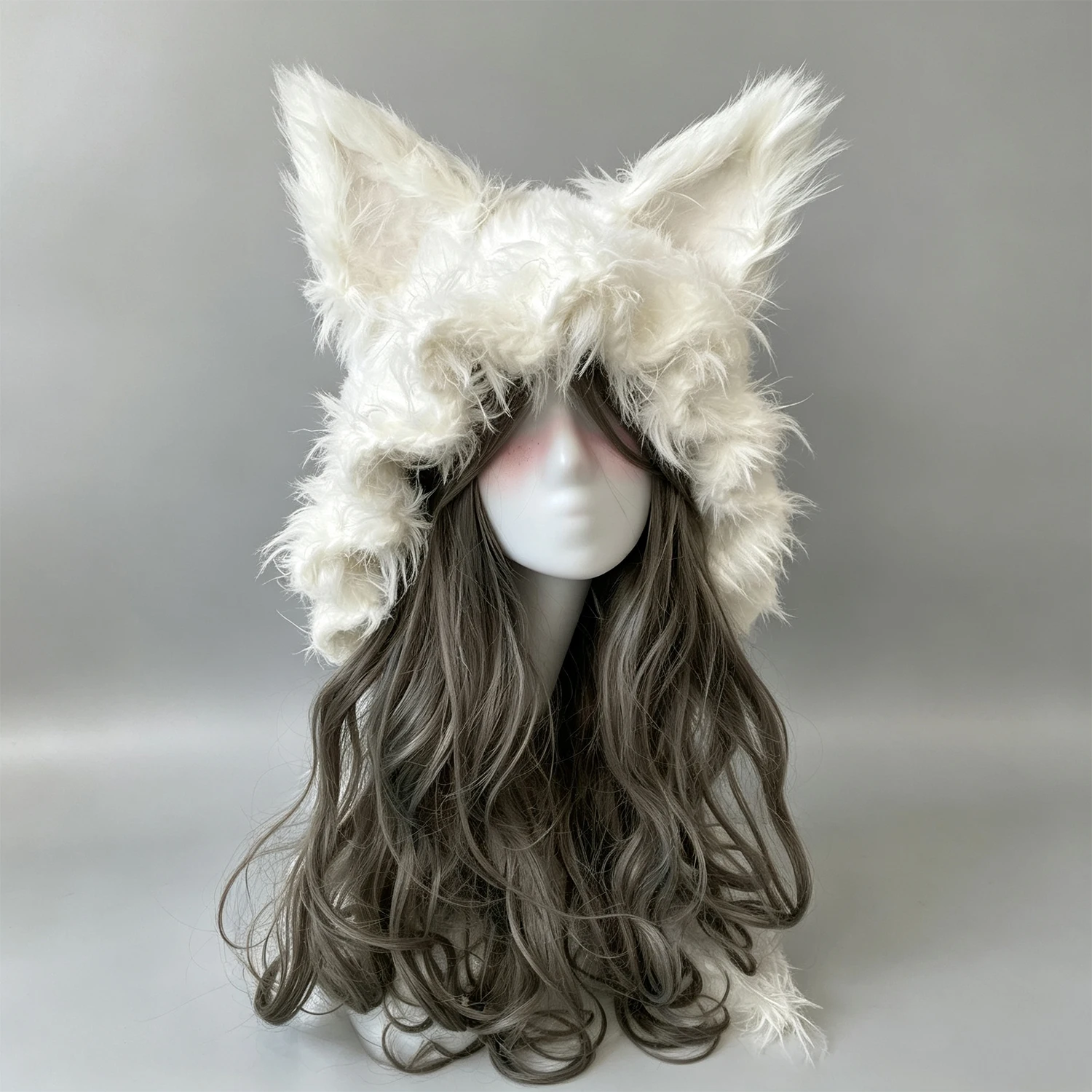 Custom Handmade Crochet White Fox Ear Plush Hat Women Soft Ruffled Knitted Beanie Girl Fairycore Lolita Cosplay Winter Warm Hood