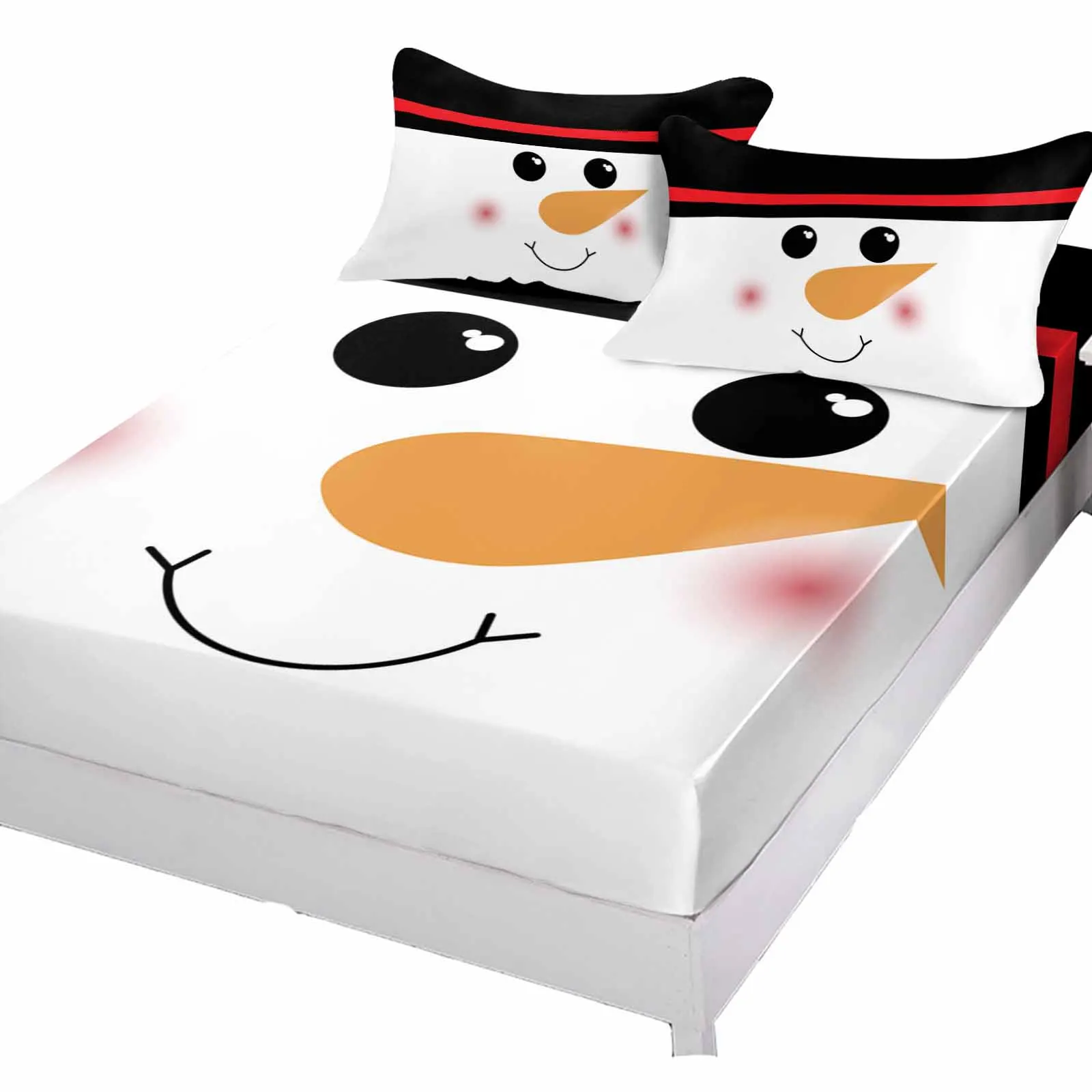 Christmas Snowman Shy Smile Cute Face Queen Size Bed Mattress Fitted sheet Elastic Rubber Band Non-slip Bed Sheet Pillowcase Set