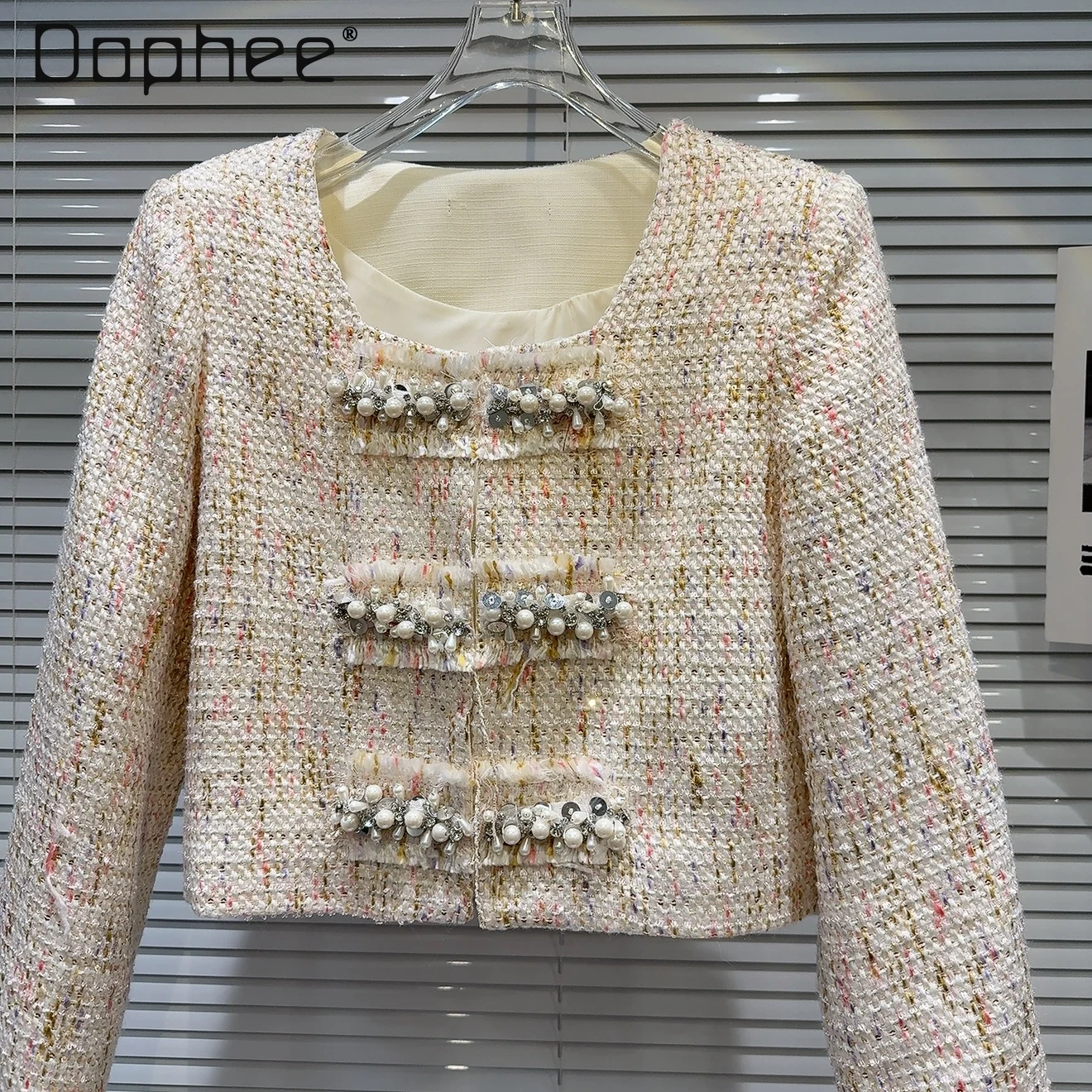 

Pearl Beads Heavy Industry Tweed Celebrity Short Jacket Women Office Lady Temperament Fashion Long Sleeve Loose Jacket Autumn