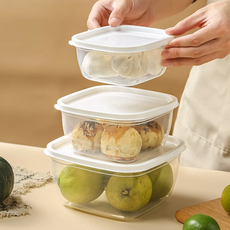 3PCS Refrigerator Food Storage Fresh-Keeping Box Sealed Container Plastic Transparent Square Fruit Vegetable Freezing Organizer