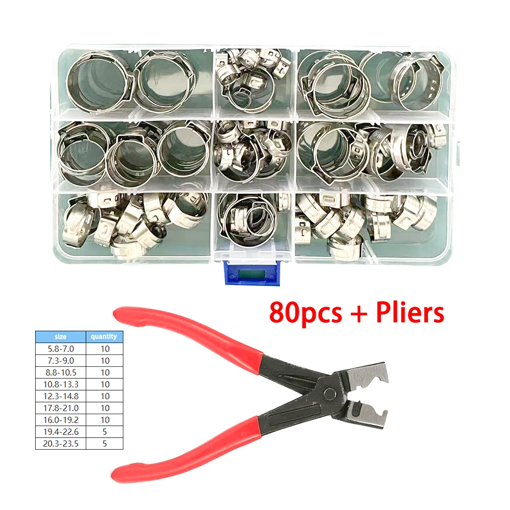 80 Stück 304 Edelstahl Crimp-Schlauchschellen Einzelohr-Schlauchschelle Stufenlose Schlauchschellen Cinches Ringe + Schlauchschelle Klemmzange – Detail 1